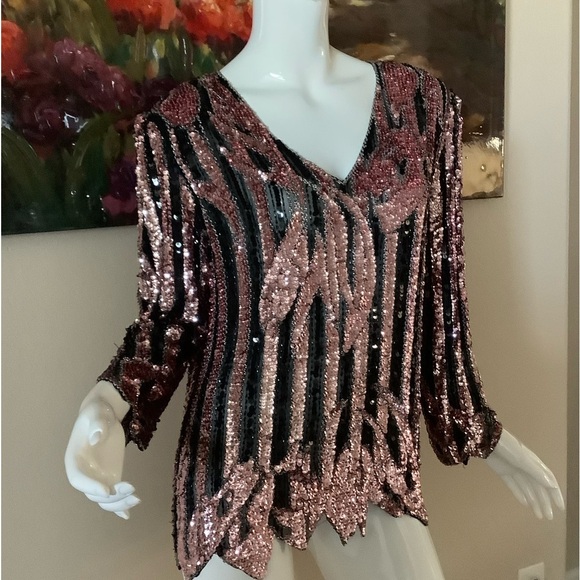 Vintage Sho Max Baby Pink Sequin Top with Rhinestones - Picture 5 of 12